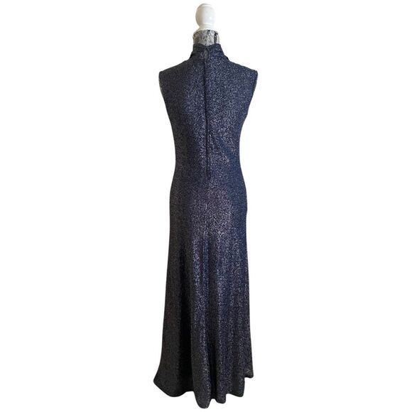 Vintage 1970s Sparkly Draped Mock Neck Maxi Dress Navy Blue - Picture 4 of 10